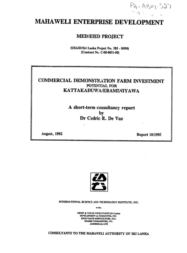 Mahaweli enterprise development project : Kattakaduwa/Eraminiyawa seed farm