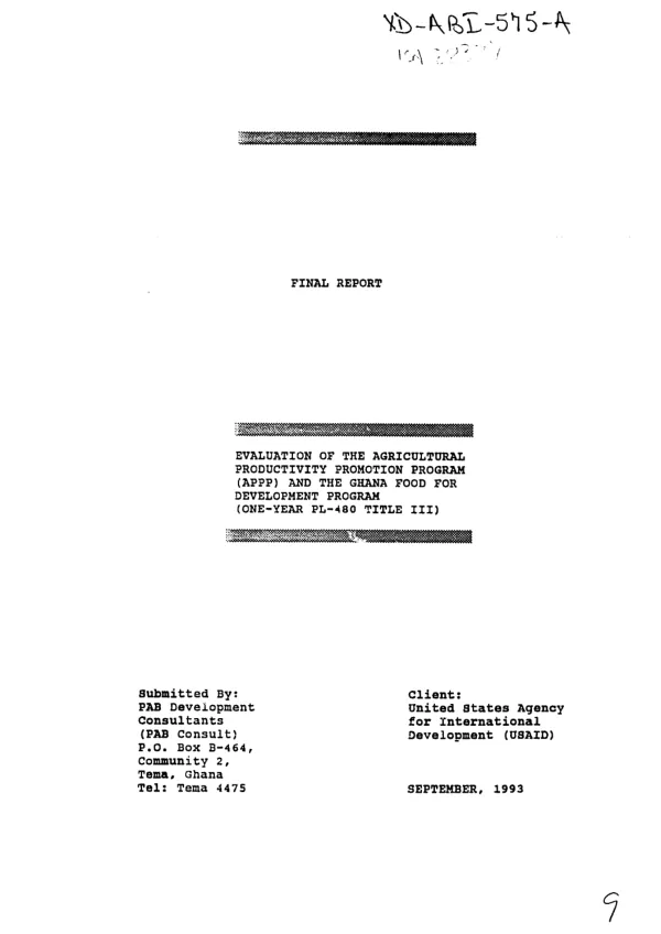 Final report : evaluation of the agricultural productivity promotion program (APPP) and the Ghana food for development program (one - year, PL-480 Title III)