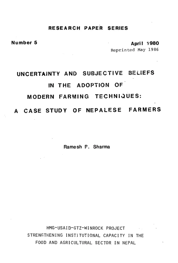 Uncertainty and subjective beliefs in the adoption of modern farming techniques : a case study of Nepalese farmers