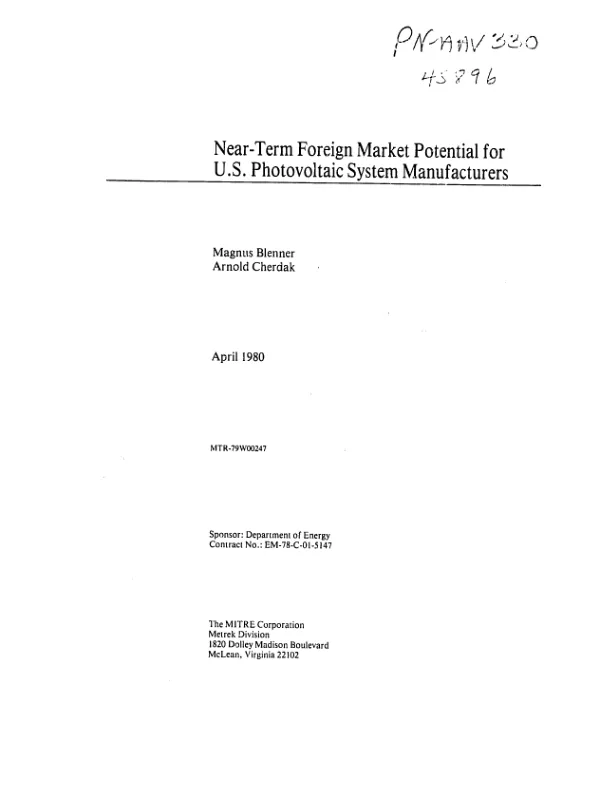 Near-term foreign market potential for US photovoltaic system manufacturers