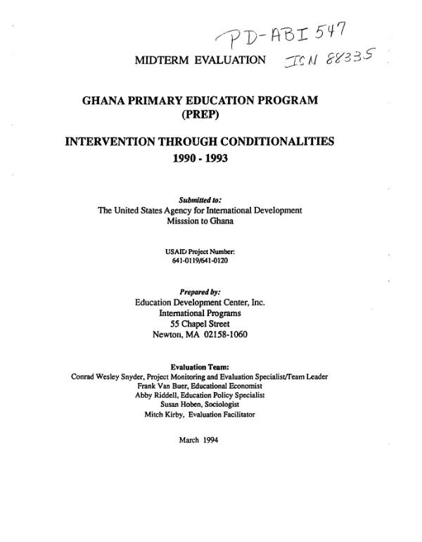 Midterm evaluation : Ghana primary education program (PREP) -- intervention through conditionalities, 1990-1993