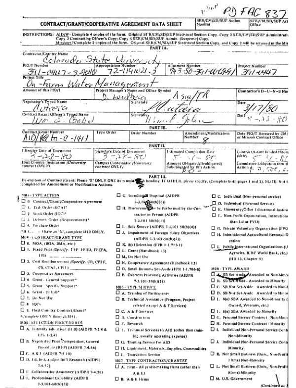 AID contract no. AID/TA-C-1411 with Colorado State University for the on-farm water management project : amendment