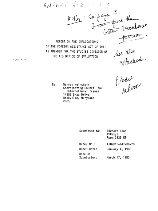 Report on the implications of the Foreign Assistance Act of 1961 as amended for the Studies Division of the AID Office of Evaluation