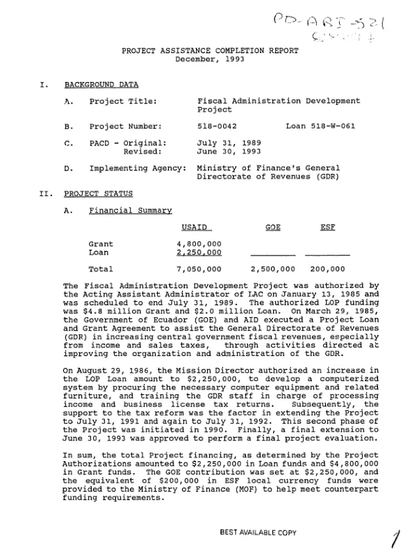Project assistance completion report : fiscal administration development project