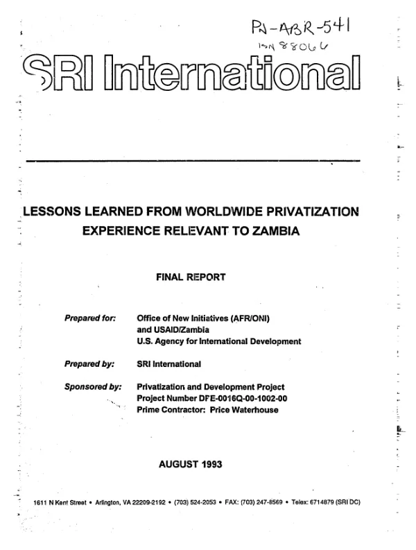 Lessons learned from worldwide privatization : experience relevant to Zambia