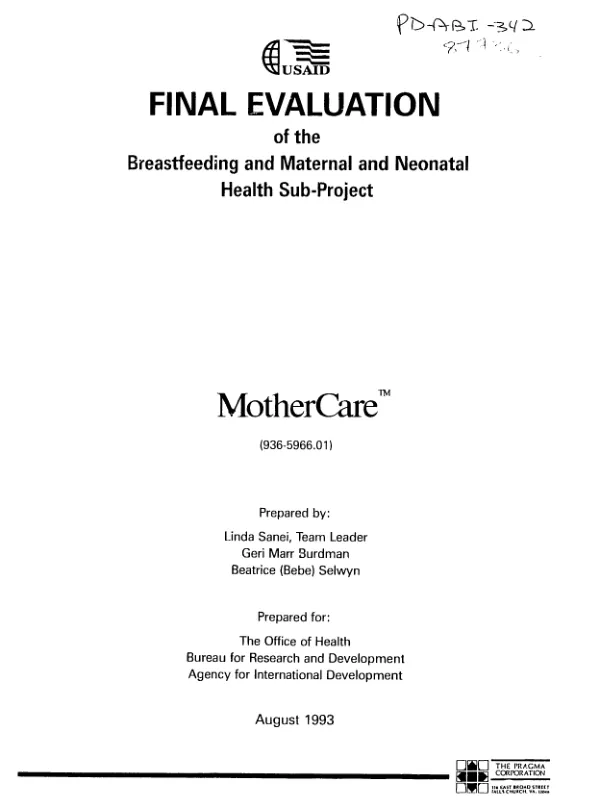 Final evaluation of the breastfeeding and maternal and neonatal health sub-project