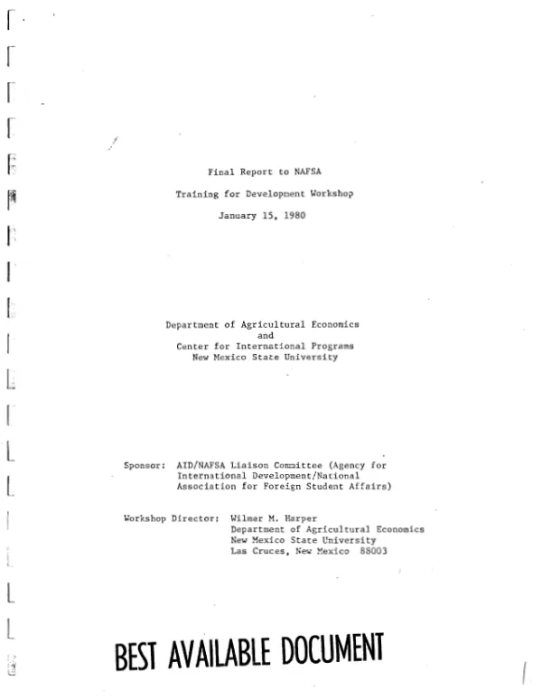 Final report to NAFSA : Training for Development Workshop, January 15, 1980