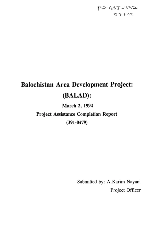 Balochistan area development project (BALAD) : project assistance completion report (391-0479)