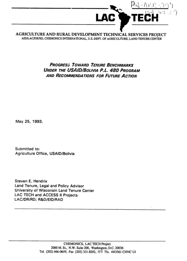 Progress toward tenure benchmarks under the USAID/Bolivia PL 480 Program and recommendations for future action
