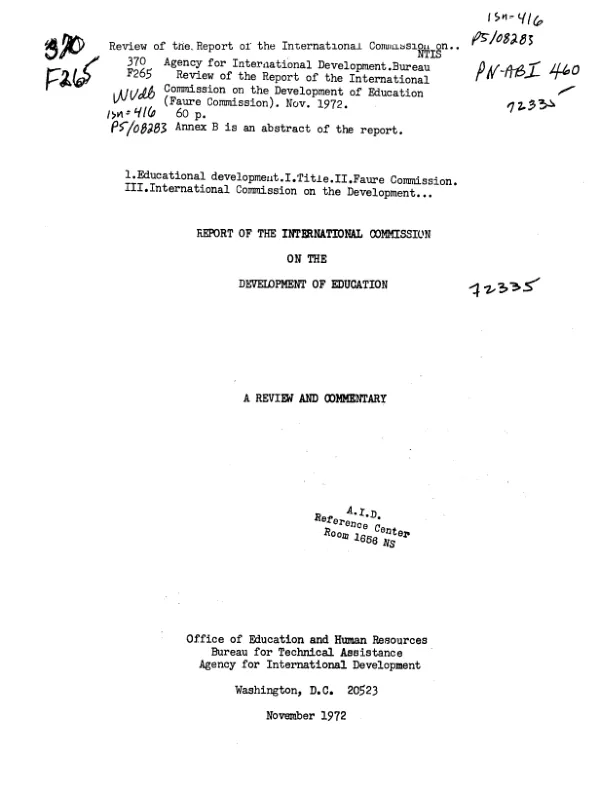 Report of the International Commission on the Development of Education [Faure Commission] : a review and commentary