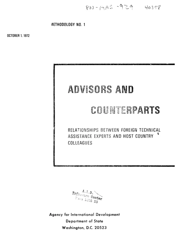 Advisors and counterparts : relationships between foreign technical assistance experts and host country colleagues