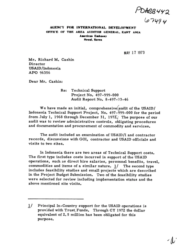 Audit of the USAID/Indonesia technical support project, no. 497-999-000 for the period from July 1, 1968 through December 31, 1972