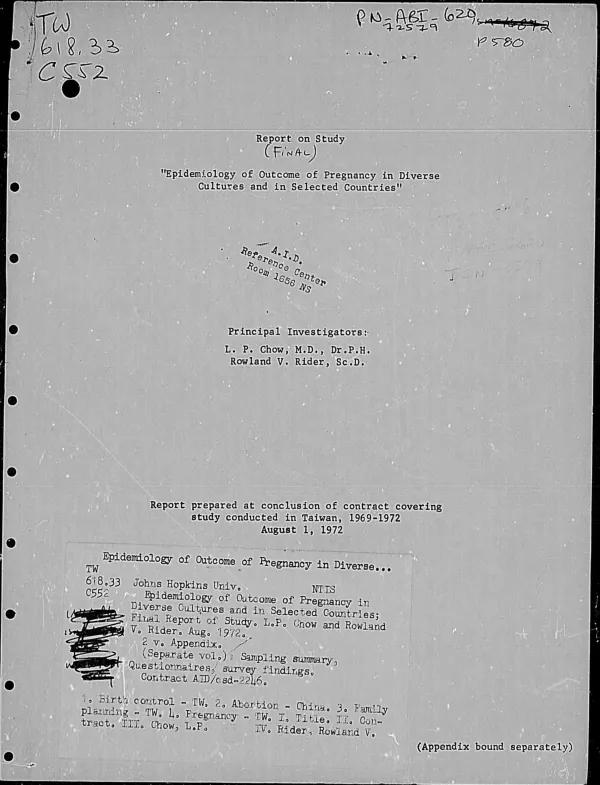Epidemiology of outcome of pregnancy in diverse cultures and in selected countries : [final] report prepared at conclusion of contract covering study conducted in Taiwan, 1969-1972