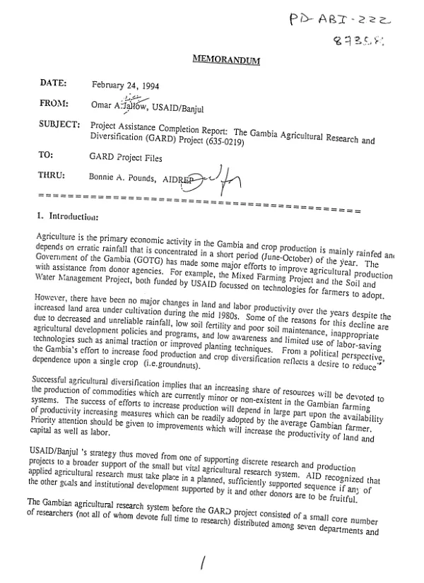 Project assistance completion report : The Gambia agricultural research and diversification (GARD) project (635-0219)