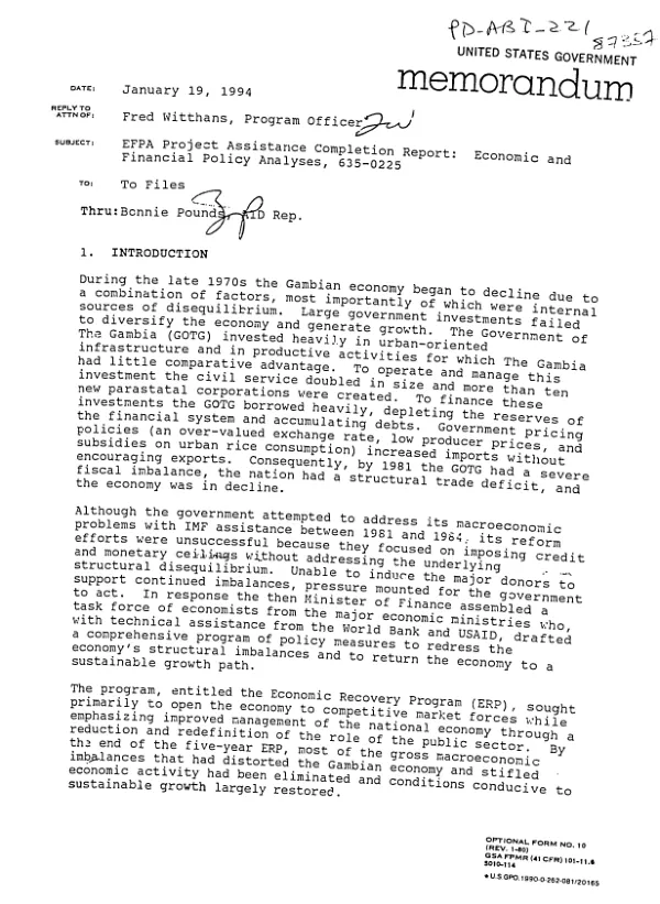 EFPA project assistance completion report : economic and financial policy analyses, 635-0225
