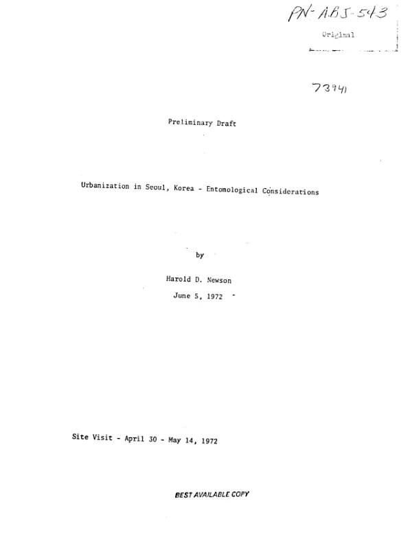 Urbanization in Seoul, Korea - entomological considerations : preliminary draft