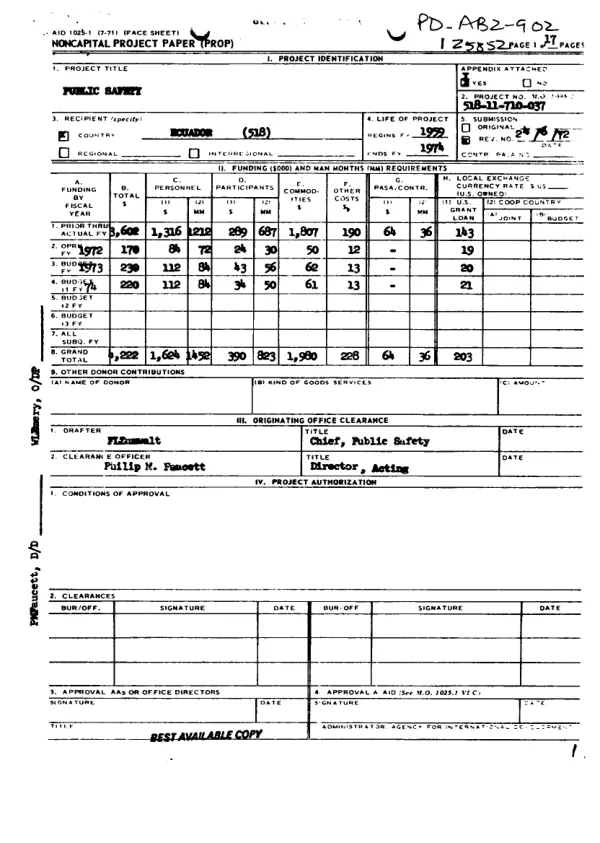 Noncapital project paper (PROP) : Ecuador public safety, project no. 518-11-710-037, revision 2