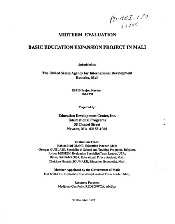 Midterm evaluation : basic education expansion project in Mali