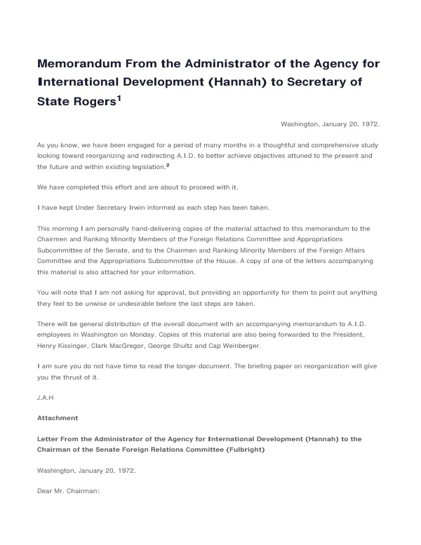 Memorandum from the administrator of the Agency for International Development (Hannah) to Secretary of State Rogers