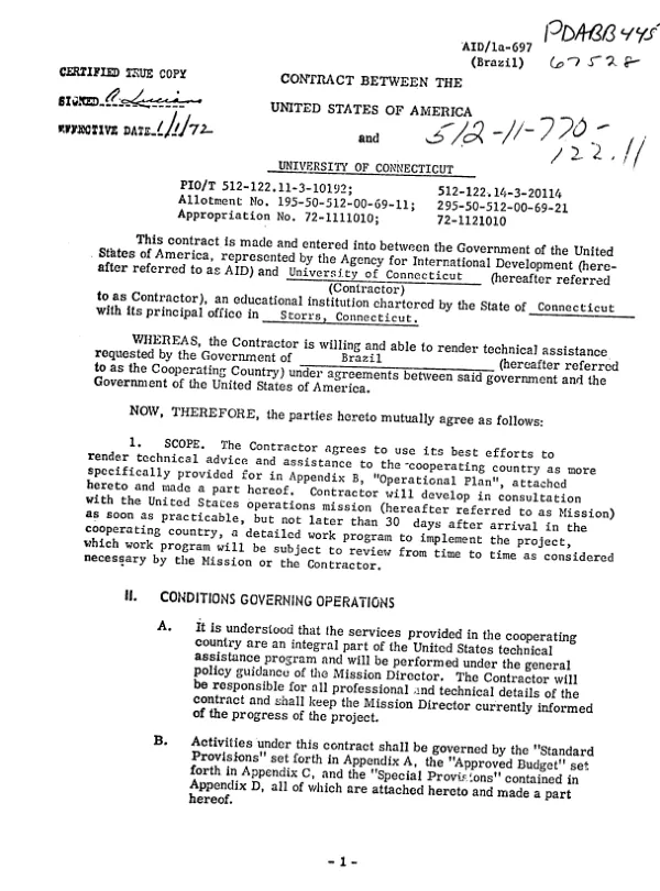 Contract between the United States of America and University of Connecticut