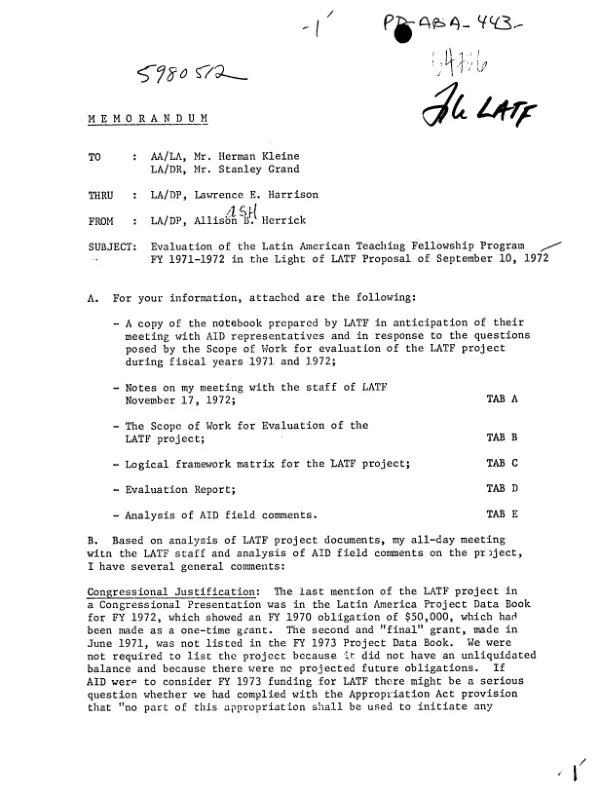 Evaluation of the Latin American teaching fellowship program FY 1971-1972 in the light of LATF proposal of September 10, 1972
