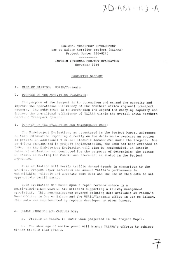 Regional transport development -- Dar es Salaam corridor project (TAZARA), project number 690-0240 : interim internal project evaluation
