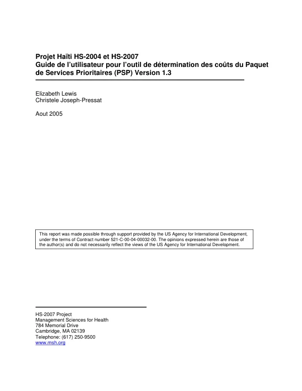 Project Haiti HS-2004 et HS-2007 : guide de utilisateur pour l"outil de determination des couts du paquet de services prioritaires (PSP) version 1.3
