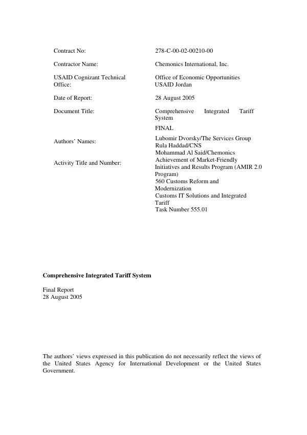 Comprehensive integrated tariff system : final