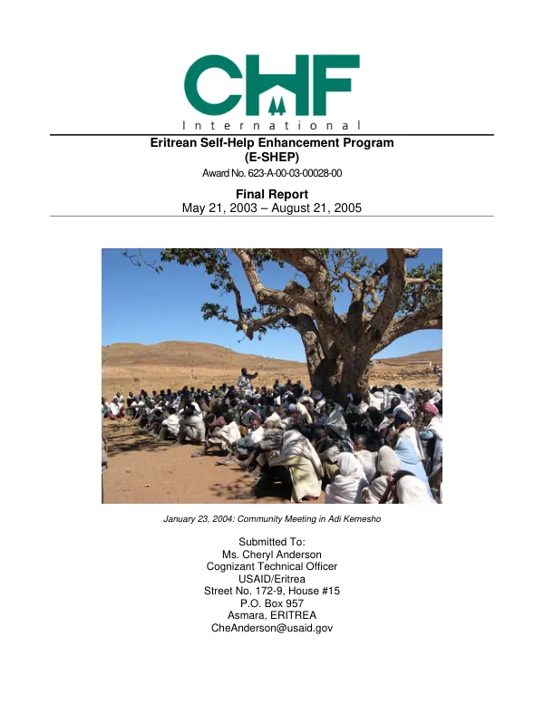 Eritrean self-help enhancement program (E-SHEP) : award no. 623-A-00-03-00028-00 -- final report, May 21, 2003-August 21, 2005