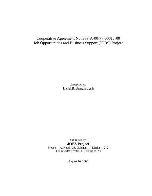 Cooperative agreement no. 388-A-00-97-00013-00 : job opportunities and business support (JOBS) project