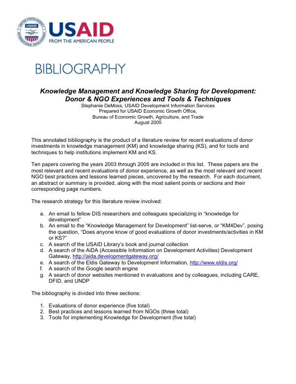 Knowledge management and knowledge sharing for development : donor & NGO experiences and tools & techniques