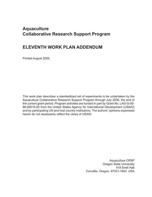 Aquaculture collaborative research support program : eleventh work plan addendum