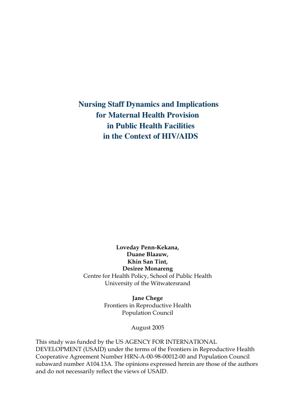 Nursing staff dynamics and implications for maternal health provision in public health facilities in the context of HIV/AIDS