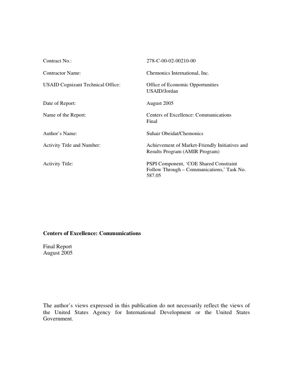 Centers of Excellence : communications -- final report