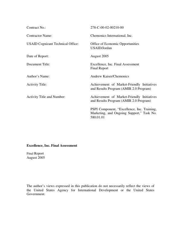 Excellence, Inc. final assessment : final report