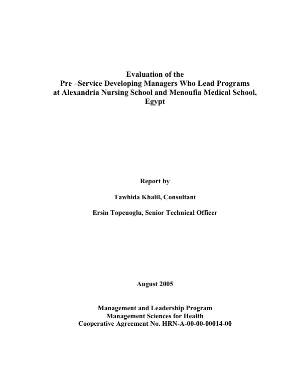 Evaluation of the pre-service developing managers who lead programs at Alexandria Nursing School and Menoufia Medical School, Egypt