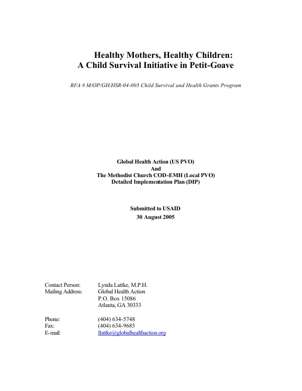 Healthy mothers, healthy children : a child survival initiative in Petit-Goave -- Global Health Action (US PVO) and the Methodist Church COD-EMH (local PVO) : detailed implementation plan (DIP)