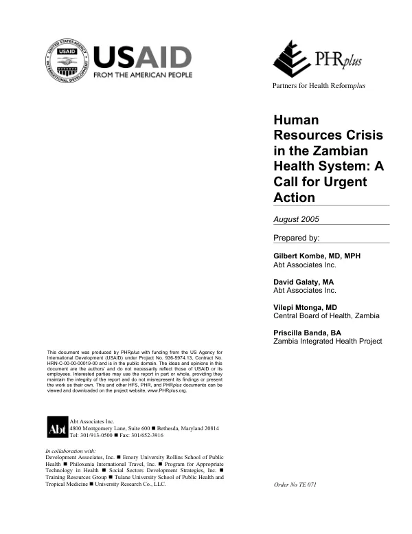 Human resources crisis in the Zambian health system : a call for urgent action