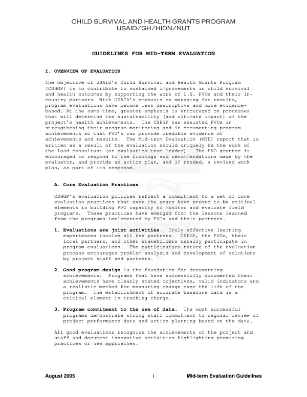 Child survival and health grants program : guidelines for mid-term evaluation