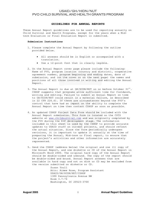 Child survival and health grants program : guidelines for annual reports