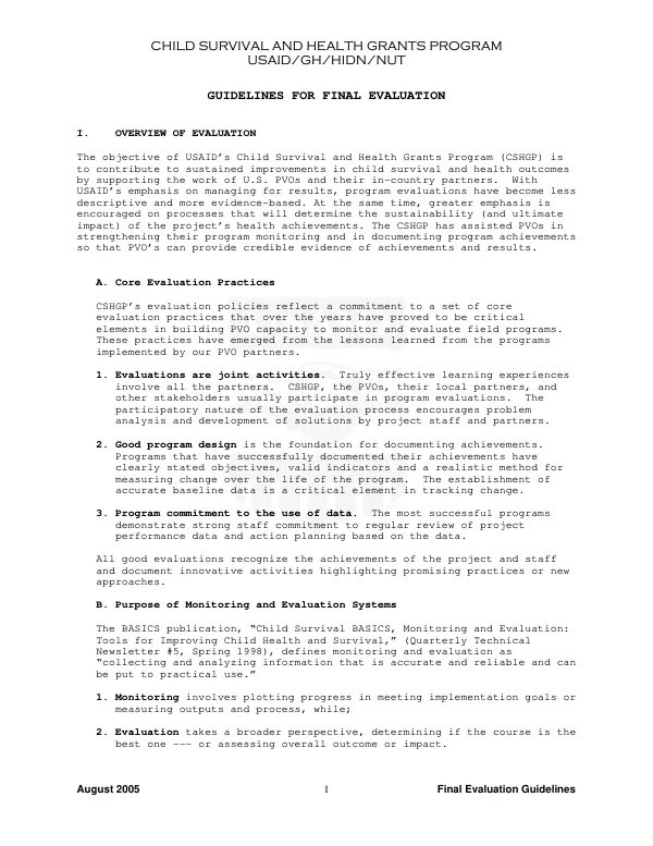 Child survival and health grants program : guidelines for final evaluation