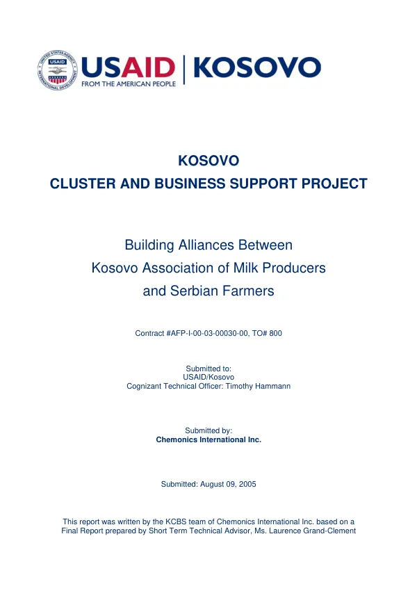 Kosovo cluster and business support project : building alliances between Kosovo Association of Milk Producers and Serbian farmers
