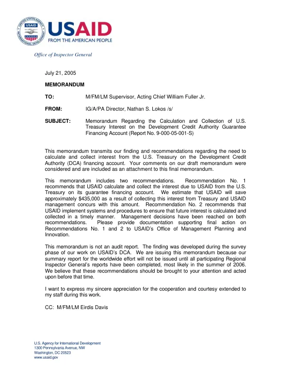 Memorandum regarding the calculation and collection of U.S. Treasury interest on the development credit authority guarantee financing account