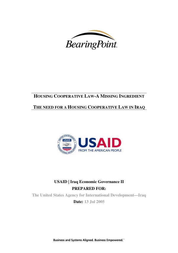 Housing cooperative law : a missing ingredient -- the need for a housing cooperative law in Iraq