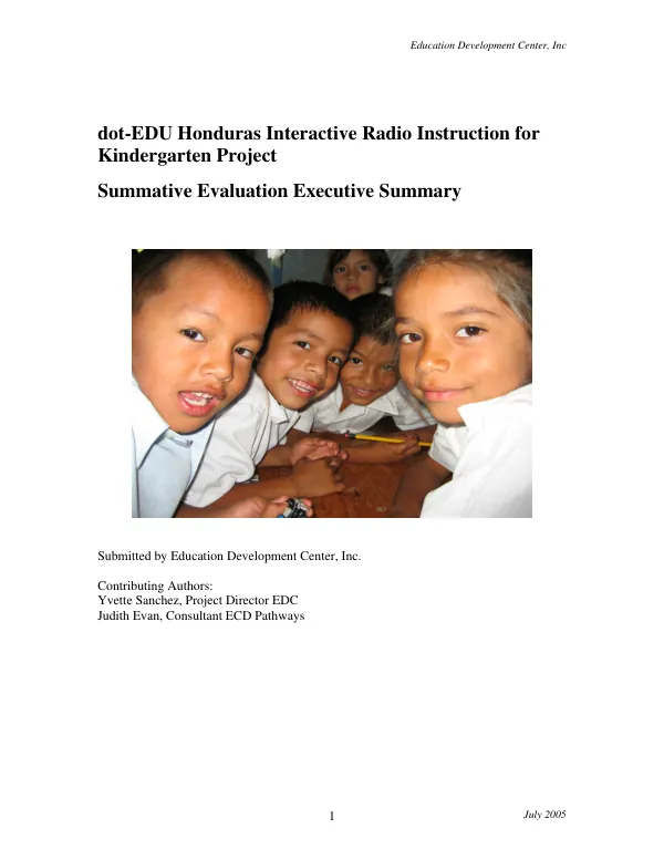 dot-EDU Honduras interactive radio instruction for kindergarten project ; summative evaluation executive summary