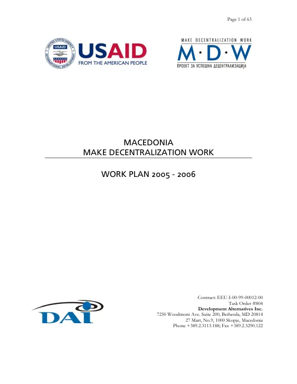 Macedonia : make decentralization work -- work plan 2005-2006
