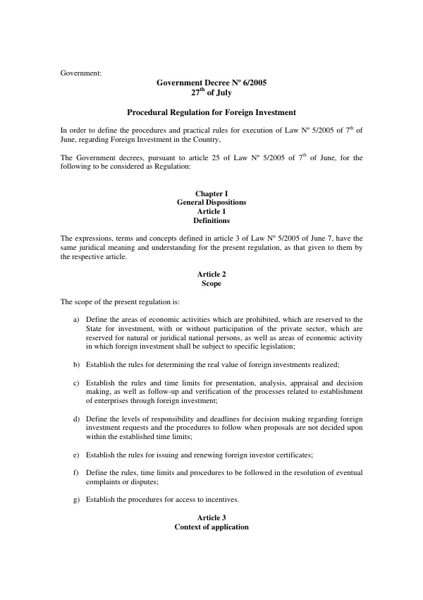 Government decree no 6/2005 : 27th of July -- procedural regulations for foreign investment