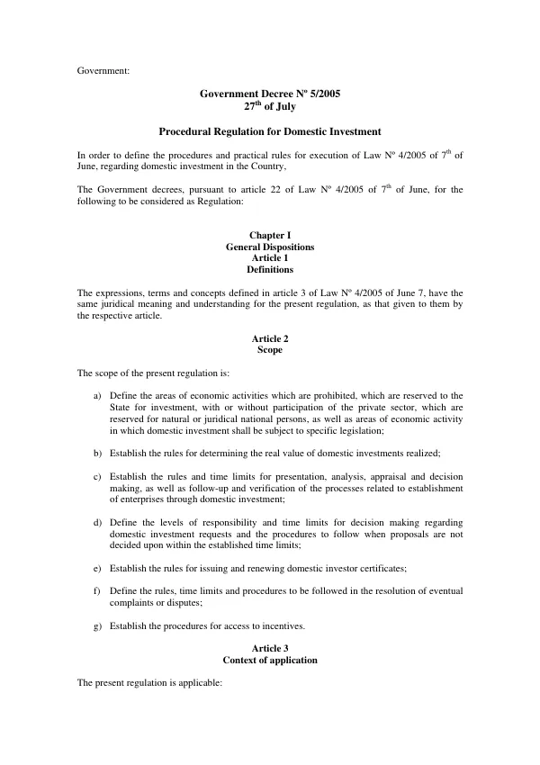 Government decree no. 5/2005 : 27th of July -- procedural regulation for domestic investment