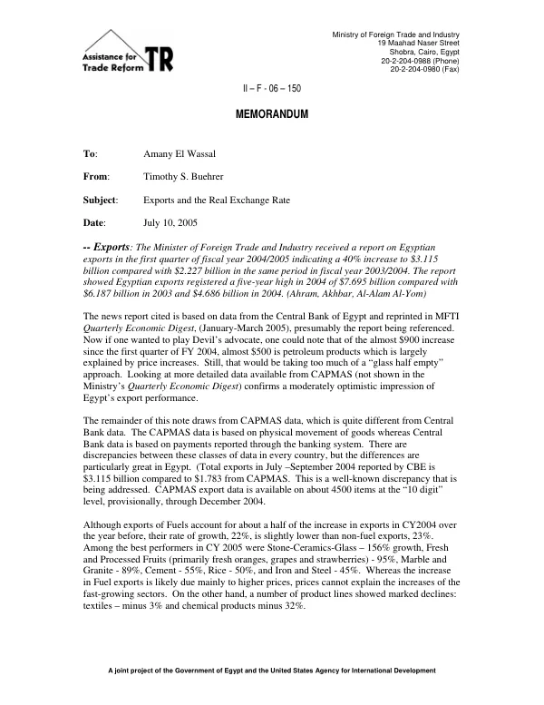 Memorandum : exports and the real exchange rate