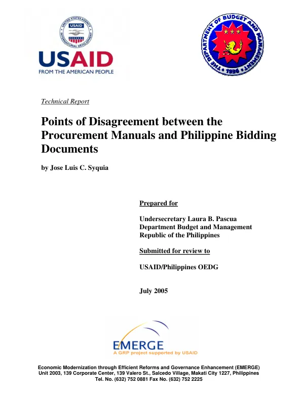 Points of disagreement between the procurement manuals and Philippine bidding documents